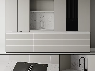 Modern Kitchen Cabinets With Marble Backsplash And Sink 3d model