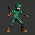Green And Yellow Striped Cartoon Character In Bodysuit With Helmet Holding Stick And Orange Boots