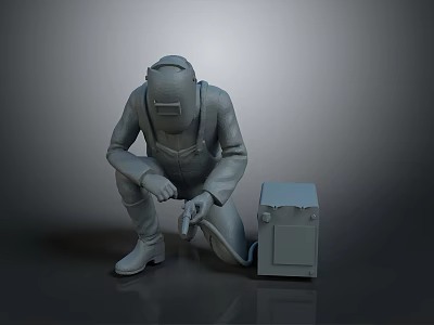 Welding Worker Squatting In Protective Suit With Welding Mask And Toolbox 3d model