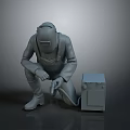 Welding Worker Squatting In Protective Suit With Welding Mask And Toolbox 3d model