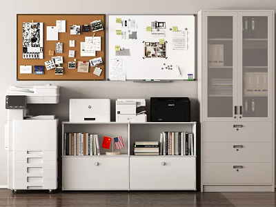 Organized Workspace With Corkboard Whiteboard Papers Photos Printers Bookshelf And Glass Door Cabinet 3d model