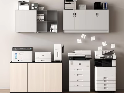 Office Appliances Setup With Cabinets Filing Cabinets And Documents On Wall 3d model