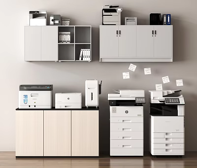 Office Appliances Setup With Cabinets Filing Cabinets And Documents On Wall 3d model