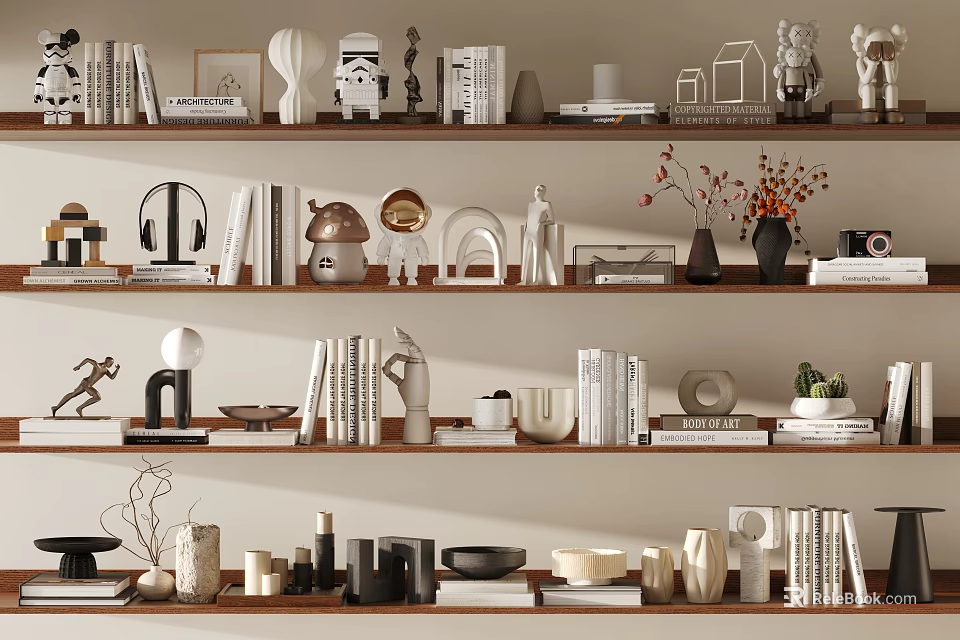 Elegant Decorative Ornament Combination With Various Books Vases Sculptures On Shelves 3d model 