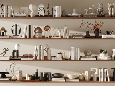 Elegant Decorative Ornament Combination With Various Books Vases Sculptures On Shelves 3d model