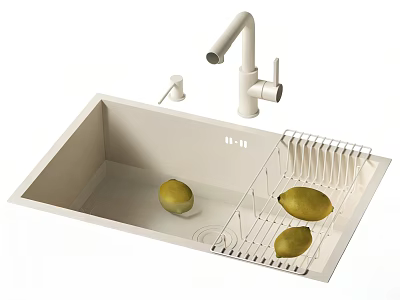 White Kitchen Sink With Faucet And Dish Rack Holding Fresh Lemons 3d model