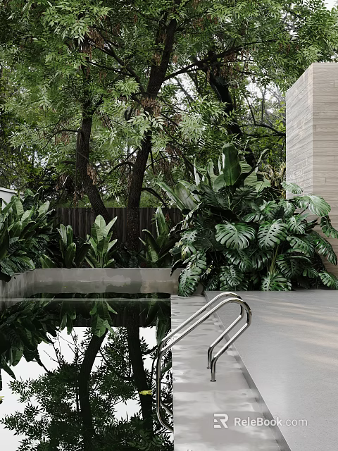Garden Landscape Design With Lush Green Plants Water Pool And Tree Reflections 3d model 