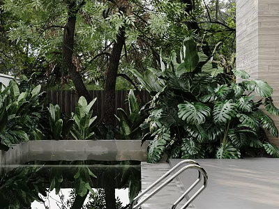 Garden Landscape Design With Lush Green Plants Water Pool And Tree Reflections 3d model