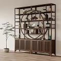 Traditional Chinese Antique Display Shelf with Circular Center Design and Decorative Antiques on Cabinet Base