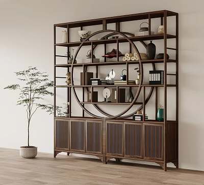 Traditional Chinese Antique Display Shelf with Circular Center Design and Decorative Antiques on Cabinet Base 3d model