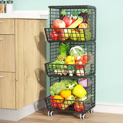 Fresh Assorted Vegetables and Fruits in Stacked Metal Basket Kitchen Corner with Wooden Cabinets 3d model