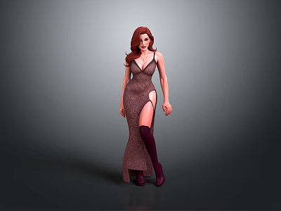 Red Haired Woman In Dark Purple Long Dress With Thigh High Boots And Gray Background 3d model