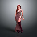 Red Haired Woman In Dark Purple Long Dress With Thigh High Boots And Gray Background