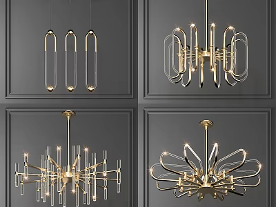 Modern Elegant Gold Transparent Chandeliers With Unique Geometric And Petal Designs 3d model