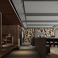 Modern Open Living Space Interior With Wooden Furniture Green Plant And Gray Columns