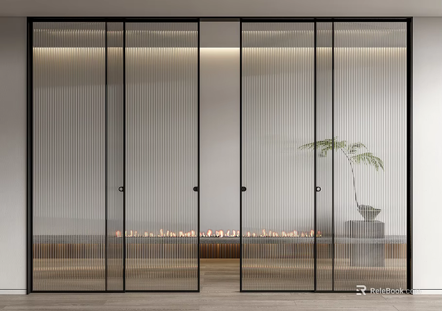 Modern Interior Sliding Doors with Black Frame Vertical Stripped Glass Wooden Floor and Plant 3d model 