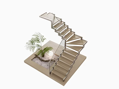 Modern Staircase Model With Glass Railing Steps And Small Palm Plant 3d model
