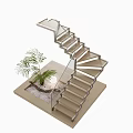 Modern Staircase Model With Glass Railing Steps And Small Palm Plant