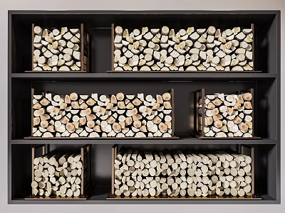 Stone and Wood Split Firewood Storage in Wooden Boxes Neatly Arranged on Black Shelves 3d model