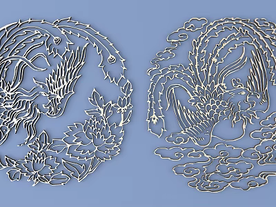 Traditional Chinese Carving Featuring Twin Circular Dragon Phoenix Patterns with Lotus Cloud Motifs 3d model