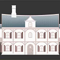 Traditional Ancient Building With Blue Tiled Roof Arched Windows And Chimney Structure