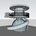 Modern Architectural Component With Circular Platform White Railings And Silver Spiral Pathway