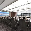 Modern Conference Room Interior with Long Table Multiple Chairs Computer Monitors Large Windows Wooden Walls