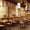Traditional Japanese Restaurant Interior With Hanging Lanterns Decorative Paintings And Wooden Tables