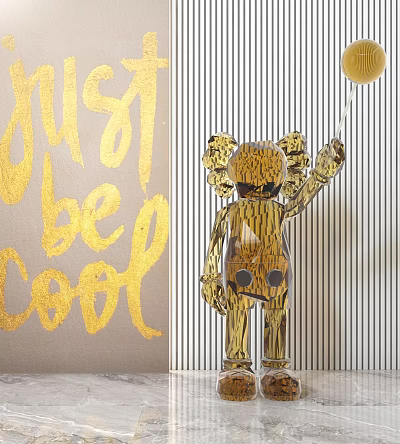 Elegant Transparent Carved Figure Sculpture With Golden Patterns Holding A Balloon 3d model