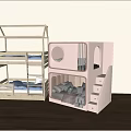 Wooden And Pink Bunk Beds With House Shaped Roof Round Window Storage Stairs And Soft Cushions