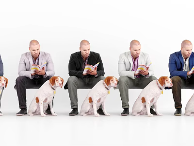 Men Sitting With Dogs Reading Books Side By Side In White Studio 3d model