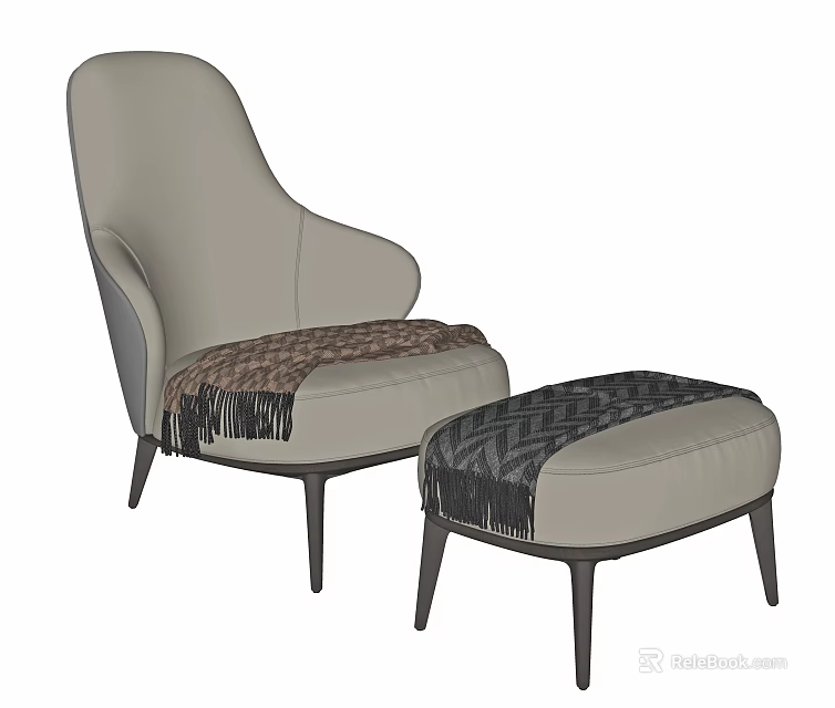 Light Gray Leather Single Sofa With Curved Armrest Dark Legs And Patterned Fringe Throw Ottoman 3d model 