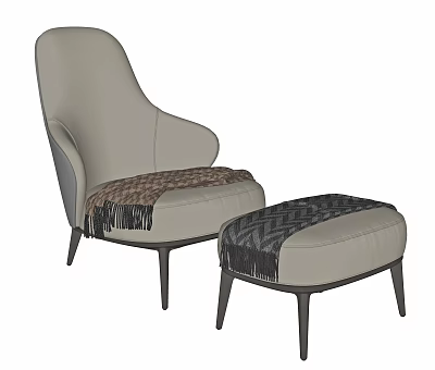 Light Gray Leather Single Sofa With Curved Armrest Dark Legs And Patterned Fringe Throw Ottoman 3d model