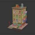 Vintage Multi Story Building With Orange Exterior Fire Escape Storefront And Street Lamp
