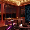 Modern Bar Interior Design With Neon Lights Sofa Seats And Round Tables