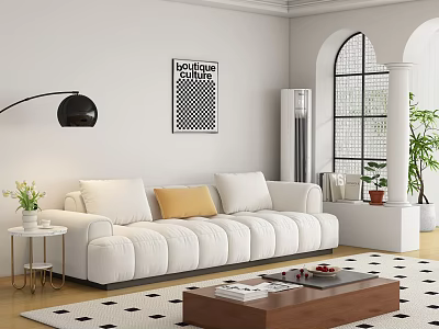 White Three Seater Sofa with Yellow Cushions Wooden Coffee Table Floor Lamp and Decorative Art 3d model