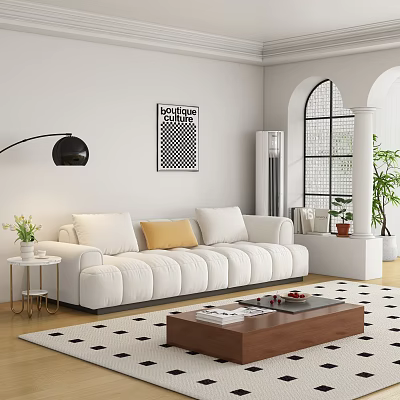 White Three Seater Sofa with Yellow Cushions Wooden Coffee Table Floor Lamp and Decorative Art 3d model