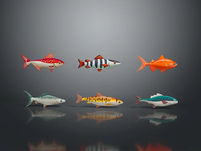 Six Colorful Fish with Different Patterns on Dark Background with Reflections 3d model