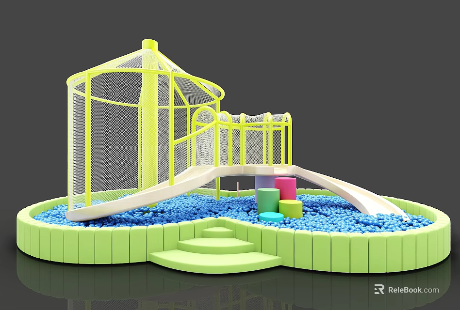 Kids Playground With Yellow Net Structure Slide And Colorful Blocks In Blue Balls Area 3d model 
