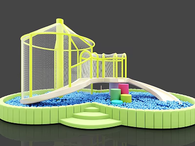 Kids Playground With Yellow Net Structure Slide And Colorful Blocks In Blue Balls Area 3d model
