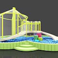 Kids Playground With Yellow Net Structure Slide And Colorful Blocks In Blue Balls Area
