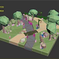 3D Natural Scene Design With Stream Wooden Bridge Trees Stones And Path