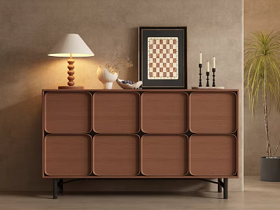 Brown Entryway Cabinet With Multiple Doors Table Lamp Framed Art Candle Holders And Potted Plant 3d model