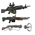 Various Weapons Featuring Modern Rifle Vintage Machine Gun and Crossbow Design