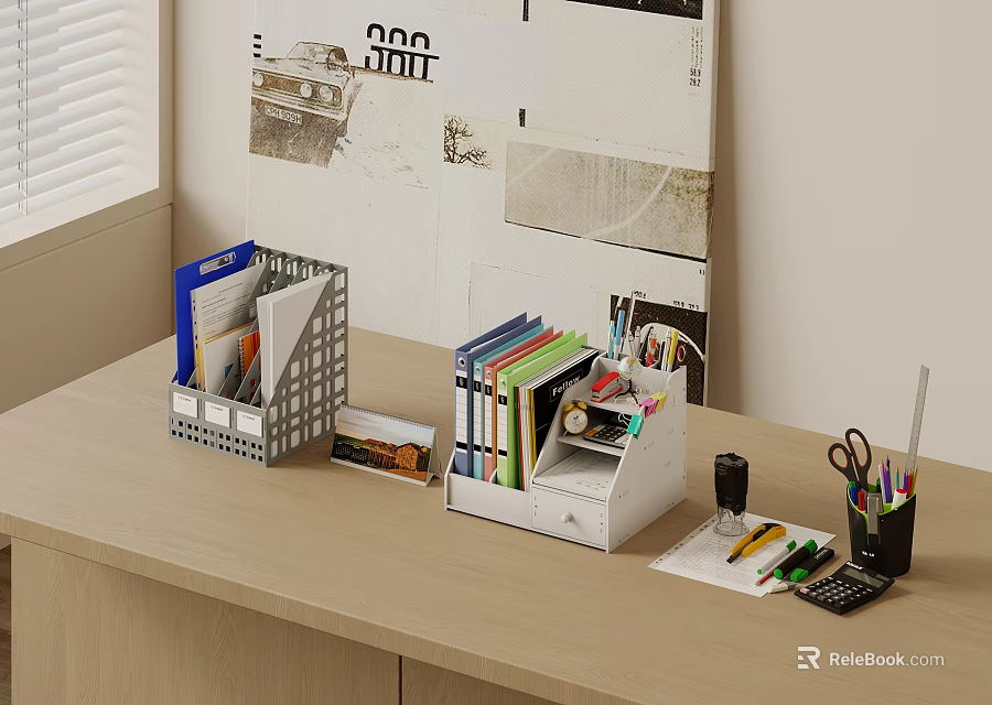 Neat Office Desk With Colorful Folders File Organizer Stationery And Supplies 3d model 