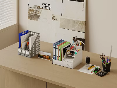 Neat Office Desk With Colorful Folders File Organizer Stationery And Supplies 3d model