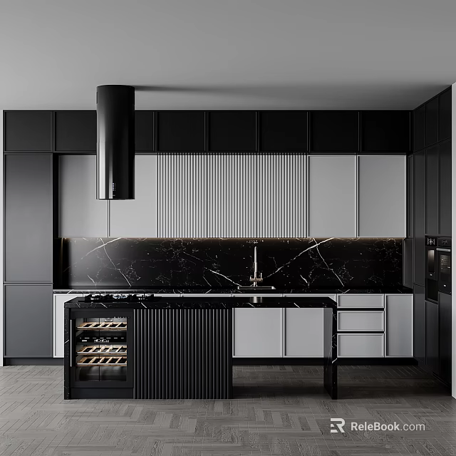 Modern Kitchen Interior Design With Black White Cabinets And Black Marble Countertop Wine Cooler 3d model 