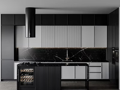 Modern Kitchen Interior Design With Black White Cabinets And Black Marble Countertop Wine Cooler 3d model