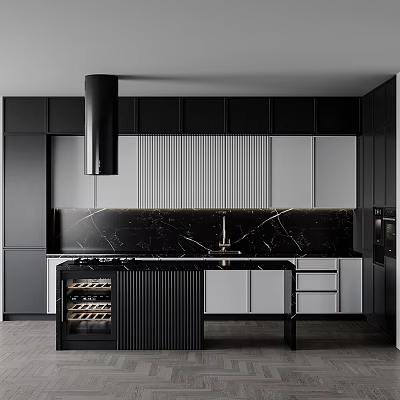 Modern Kitchen Interior Design With Black White Cabinets And Black Marble Countertop Wine Cooler 3d model