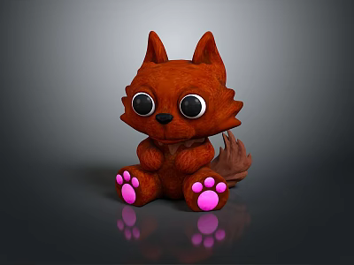 Cute Red Fox Character 3D Model Sitting with Big Eyes Pink Paws and Surface Reflection 3d model